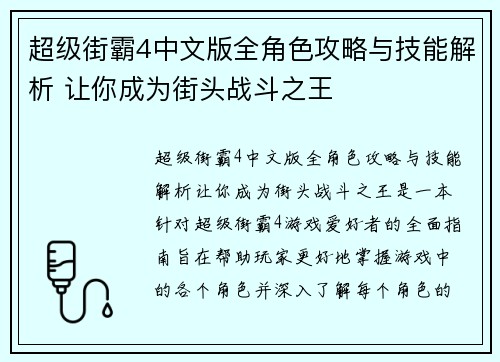 超级街霸4中文版全角色攻略与技能解析 让你成为街头战斗之王 超级街霸4中文版全角色攻略与技能解析 让你成为街头战斗之王